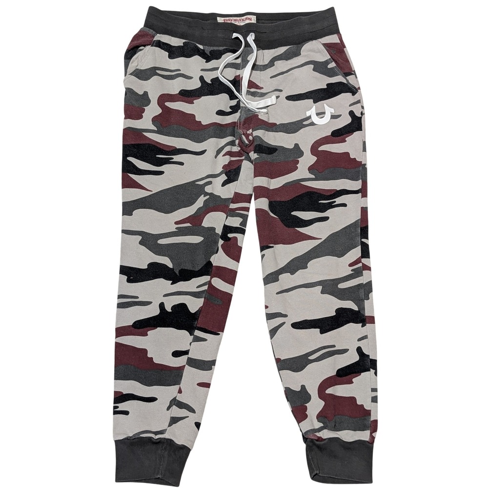 True Religion Joggers Mens M Grey Burgundy Camo Sweatpants Horseshoe Logo